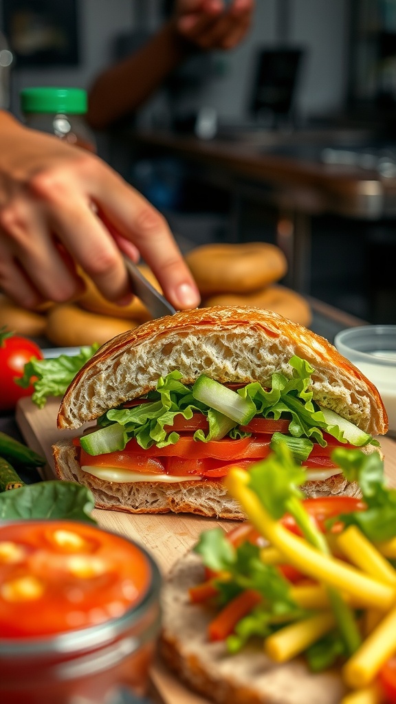 A gourmet sandwich with fresh vegetables, meats, and cheeses, captured in a well-lit and artistic arrangement.